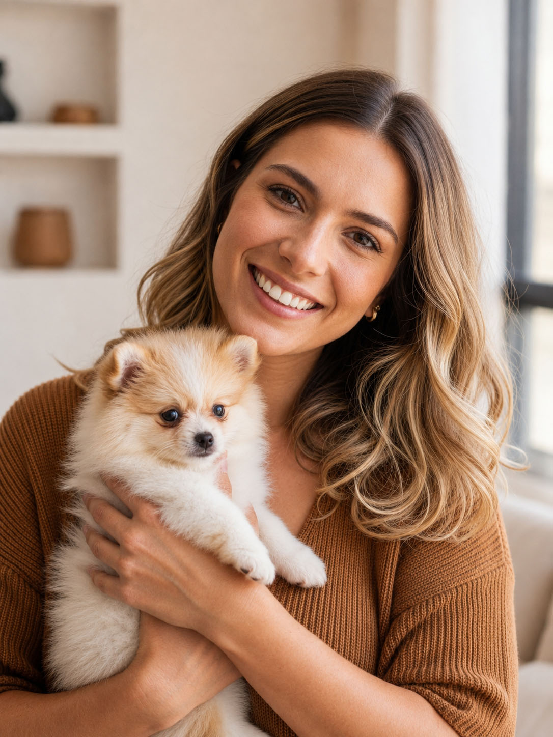 Consultora da Dogs House com um filhote de Lulu da Pomerânia no colo